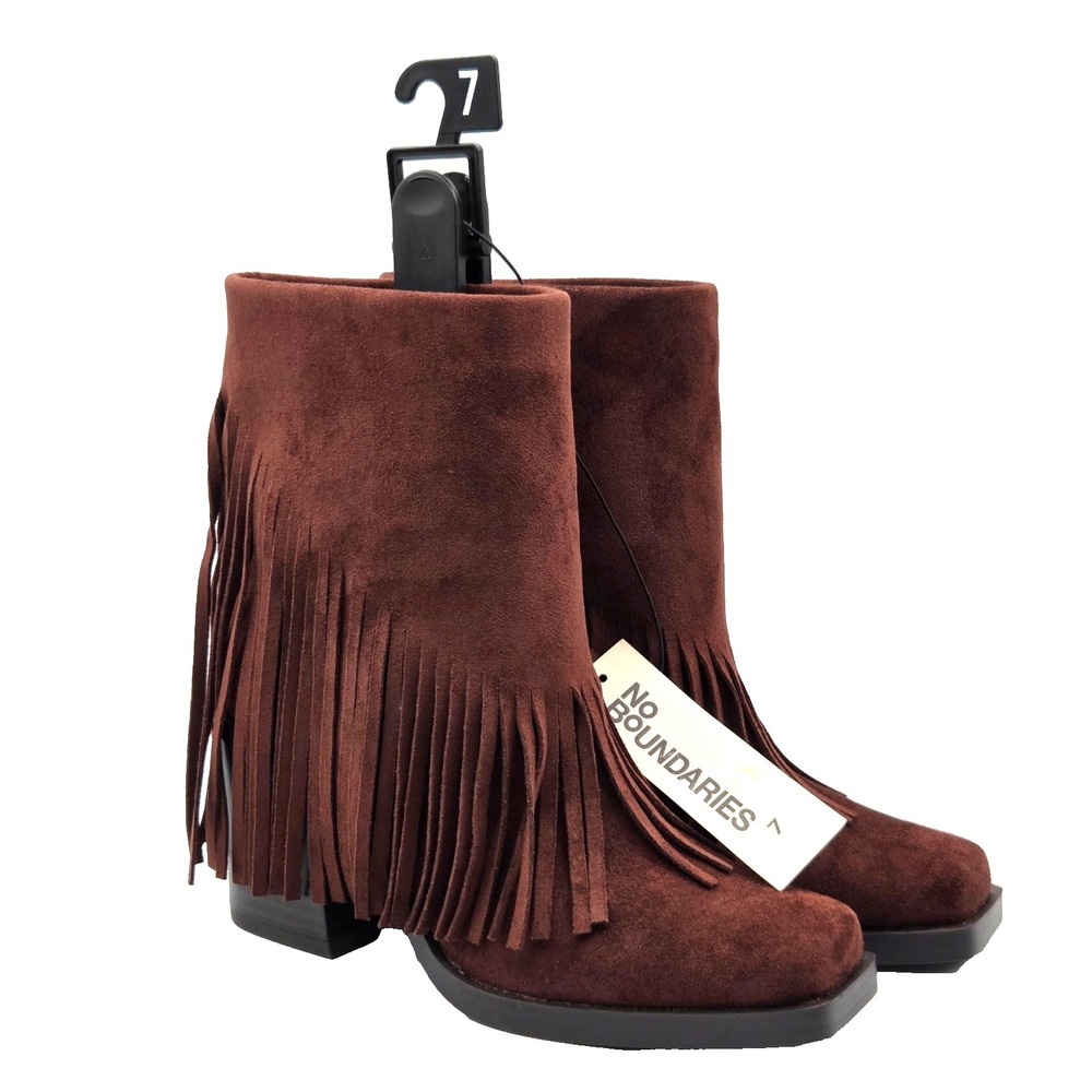 NEW Brown Suede Fringe Ankle Boots Booties Block Heel Zip Up Square Toe Size 7